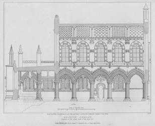 Roslyn Chapel, sectie van de zuidkant van het koor, gegraveerd door Richard Roffe, 1810